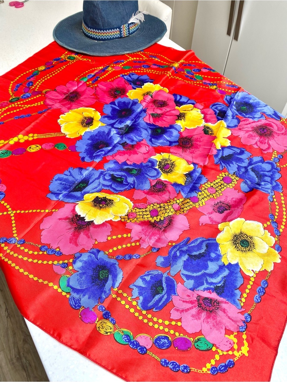Vibrant tropical floral bejeweled Scarf/wrap w resort vacay beach botanical vibe